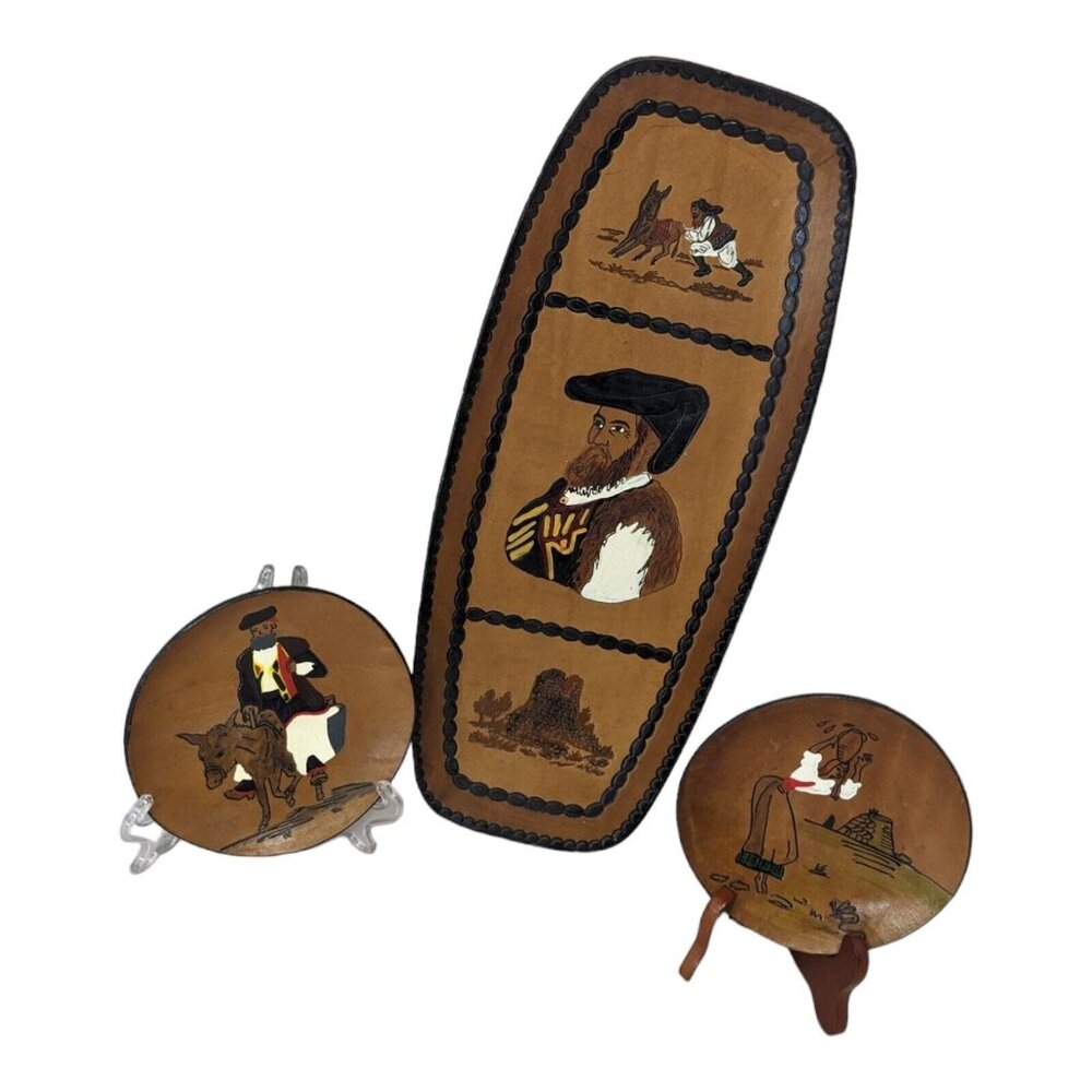 Vintage Italian Leather Folk  Art Wall Hanging Trays Hand tooled leather decor